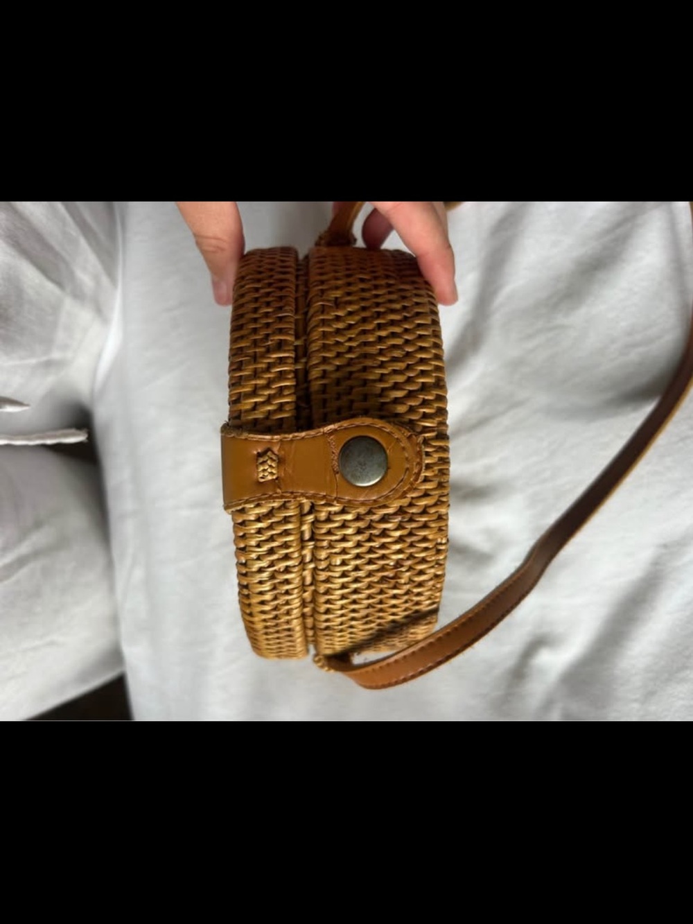 Round Woven Crossbody Bag with Leather Trim in Tan - Picture 2 of 3